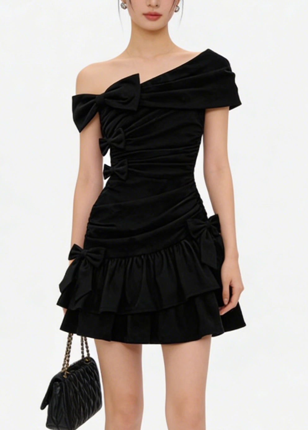 Sexy Black One Shoulder Bow Mid Dress Summer