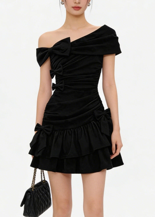 Sexy Black One Shoulder Bow Mid Dress Summer