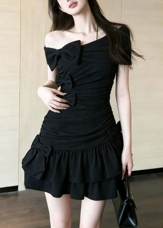 Sexy Black One Shoulder Bow Mid Dress Summer