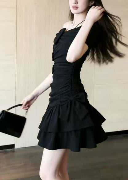 Sexy Black One Shoulder Bow Mid Dress Summer