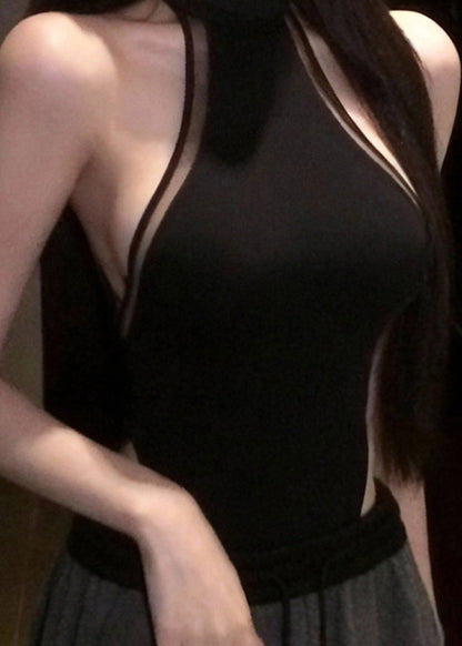 Sexy Black Patchwork Tulle T Shirt Top Sleeveless