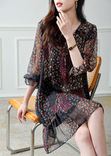 Load image into Gallery viewer, Sexy Black Peter Pan Collar Print Tie Waist Chiffon Mid Dress Half Sleeve