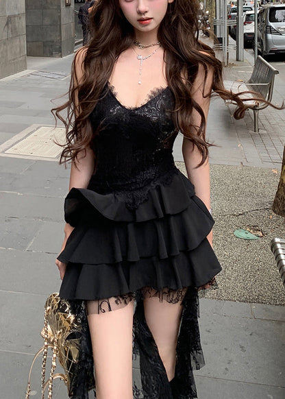 Sexy Black Sequins Lace Low High Design Dress Sleeveless