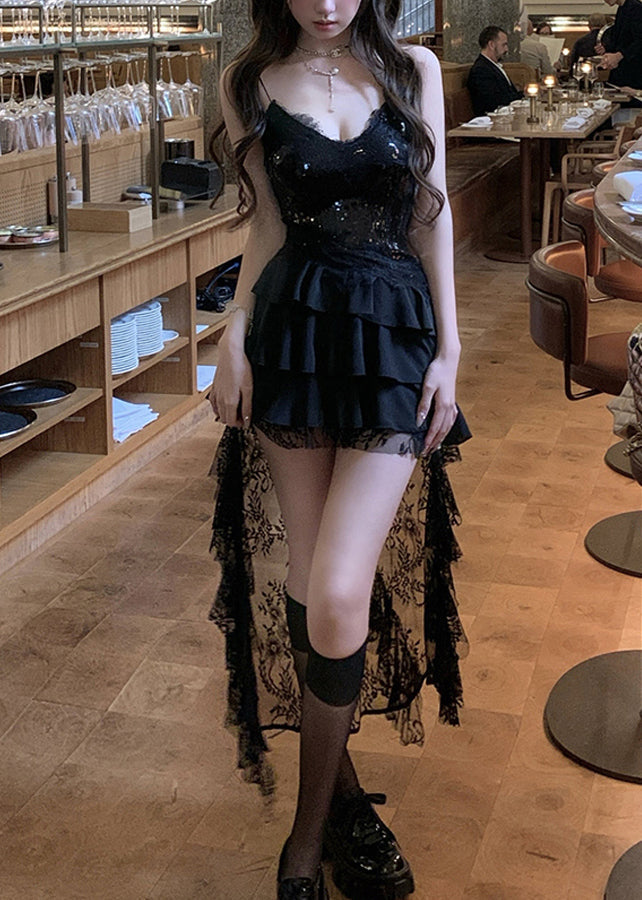 Sexy Black Sequins Lace Low High Design Dress Sleeveless