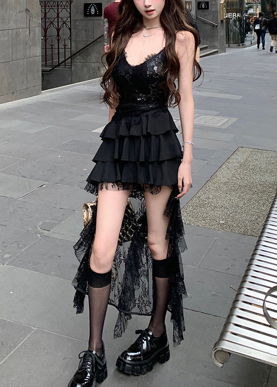 Sexy Black Sequins Lace Low High Design Dress Sleeveless