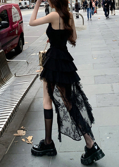 Sexy Black Sequins Lace Low High Design Dress Sleeveless