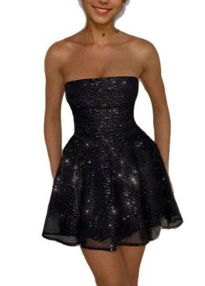 Sexy Black Sequins Wrinkled Patchwork Tulle Strapless Dress