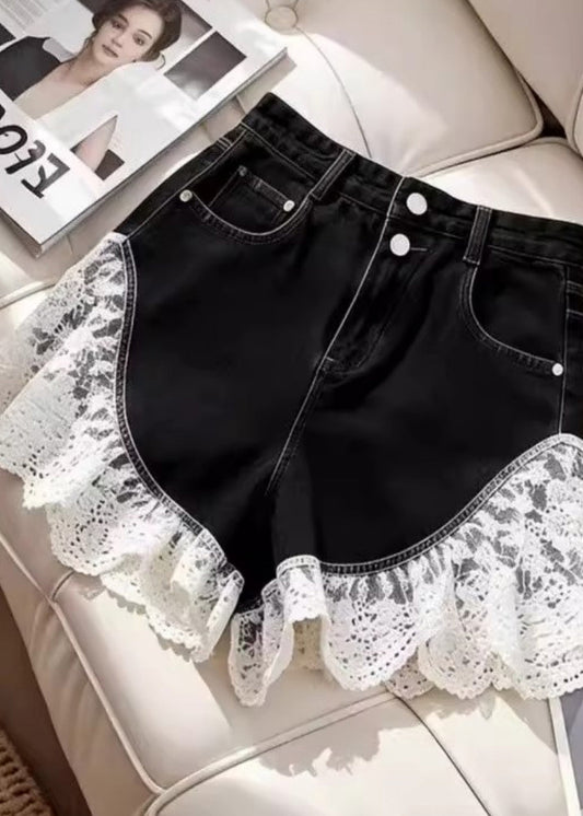 Sexy Black Silm Fit Lace Patchwork Denim Shorts Summer