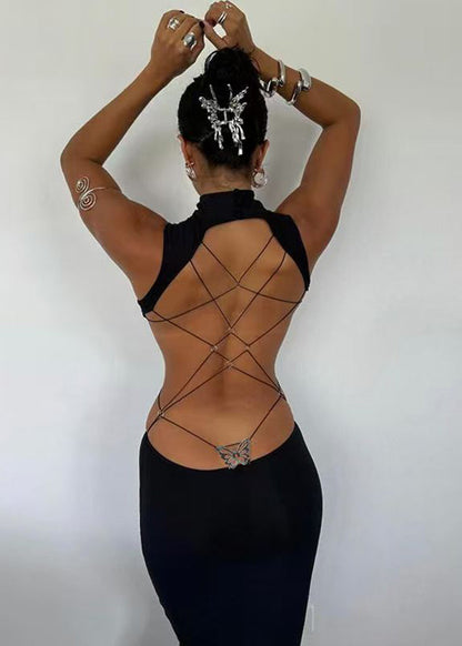 Sexy Black Stand Collar Backless Long Dress Summer