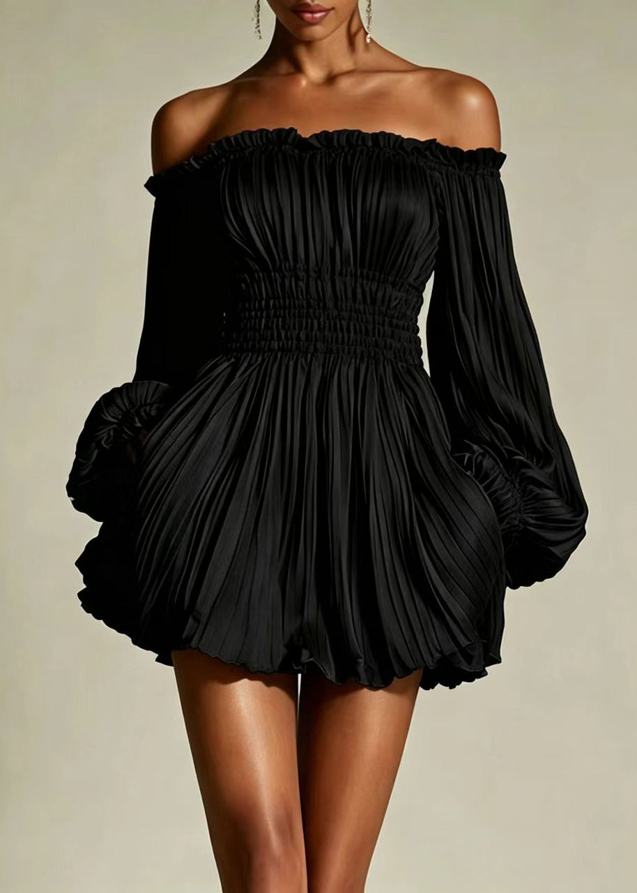 Sexy Black Strapless Wrinkled Mini Dress Puff Sleeve