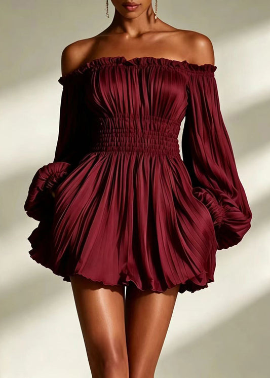 Sexy Black Strapless Wrinkled Mini Dress Puff Sleeve