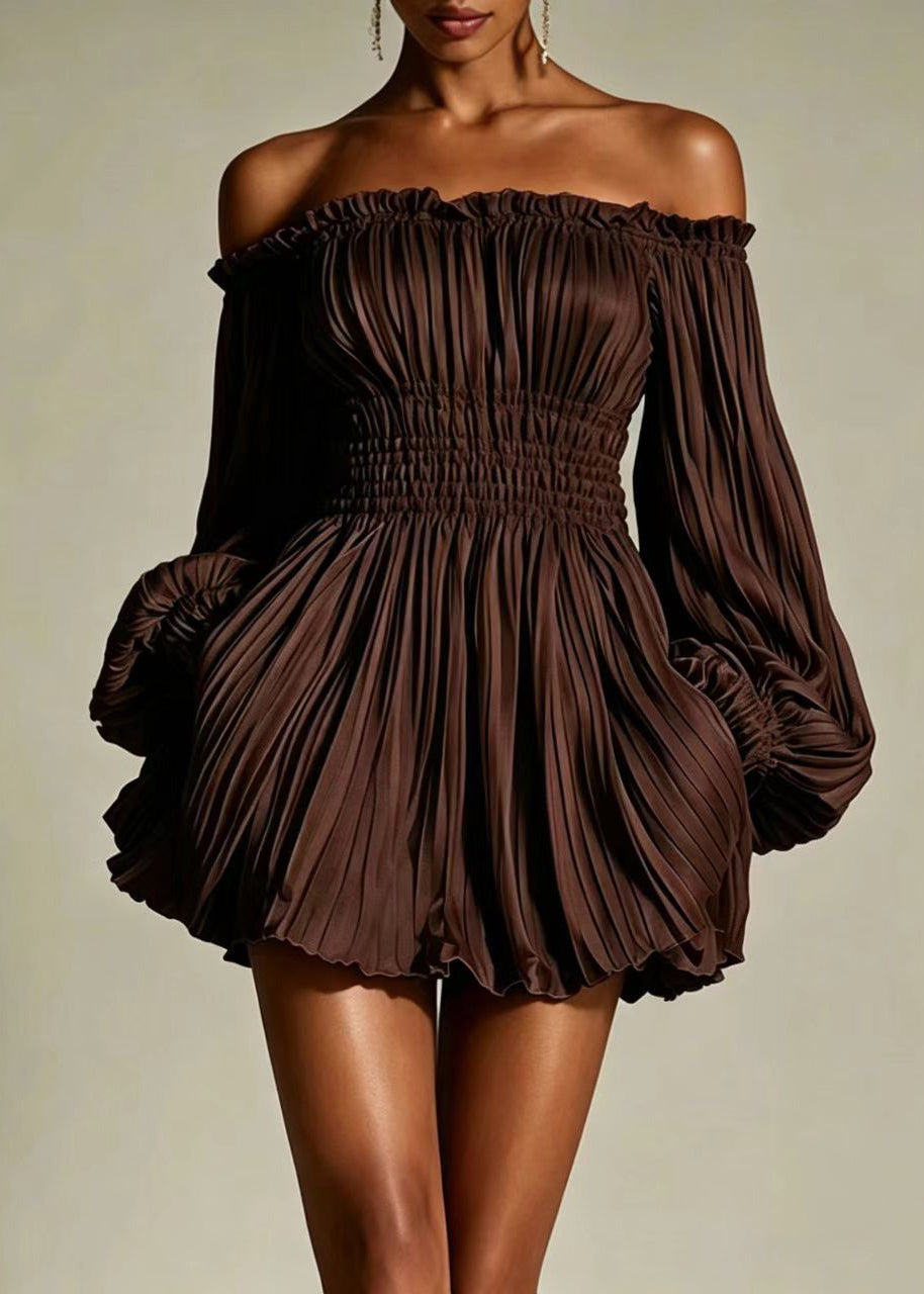 Sexy Black Strapless Wrinkled Mini Dress Puff Sleeve