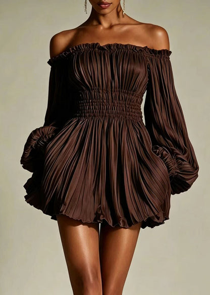 Sexy Black Strapless Wrinkled Mini Dress Puff Sleeve