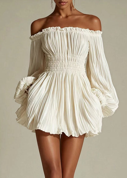 Sexy Black Strapless Wrinkled Mini Dress Puff Sleeve