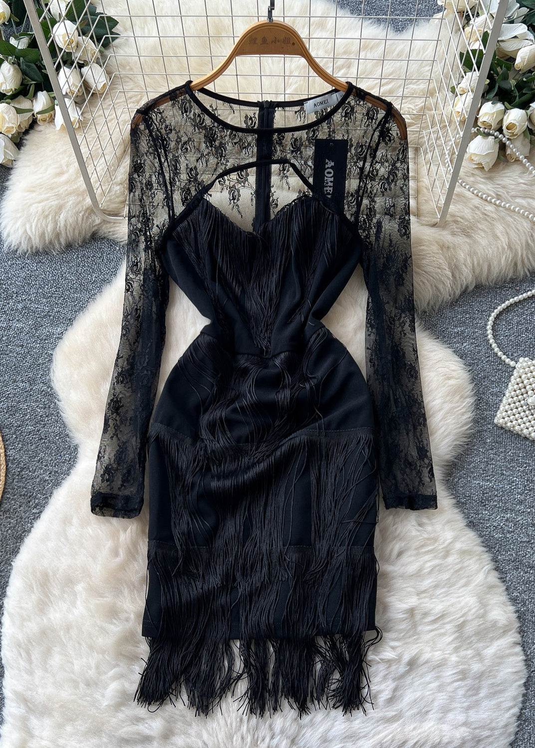 Sexy Black Tasseled Patchwork Lace Tea Dress Summer