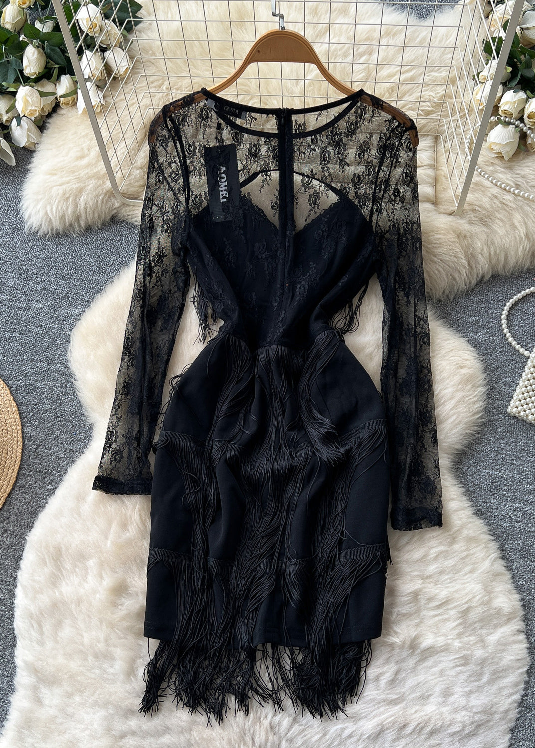 Sexy Black Tasseled Patchwork Lace Tea Dress Summer