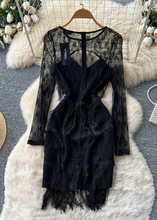 Sexy Black Tasseled Patchwork Lace Tea Dress Summer