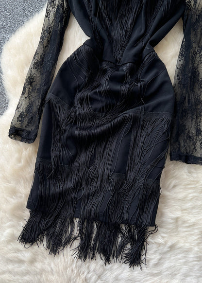 Sexy Black Tasseled Patchwork Lace Tea Dress Summer