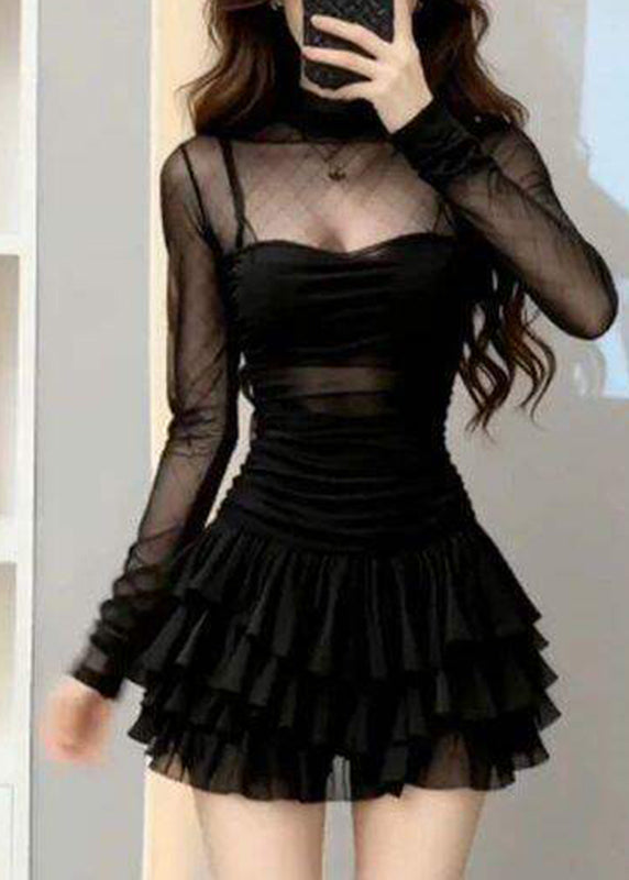 Sexy Black Turtleneck Solid Tulle Vacation Mid Cake Dress Long Sleeve