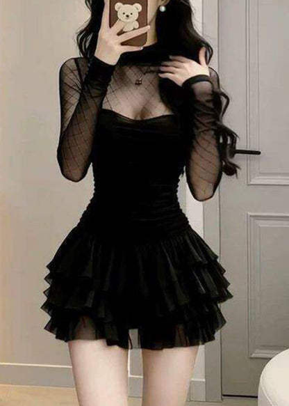 Sexy Black Turtleneck Solid Tulle Vacation Mid Cake Dress Long Sleeve