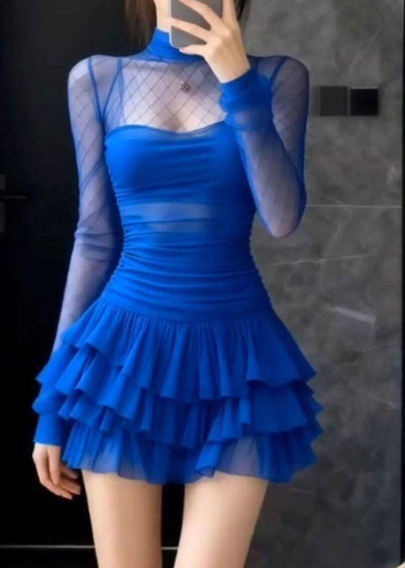 Sexy Black Turtleneck Solid Tulle Vacation Mid Cake Dress Long Sleeve