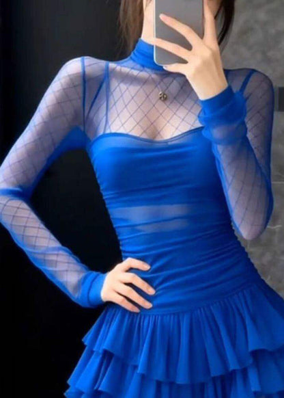 Sexy Black Turtleneck Solid Tulle Vacation Mid Cake Dress Long Sleeve