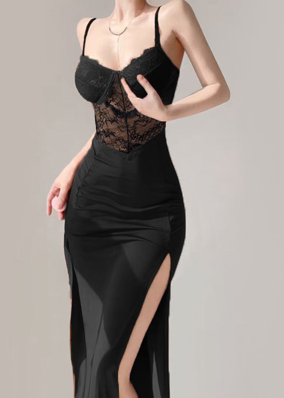 Sexy Black V Neck Lace Patchwork Long Spaghetti Strap Dress Summer