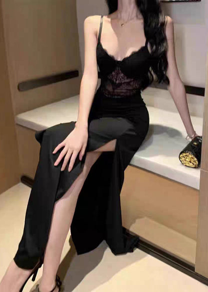 Sexy Black V Neck Lace Patchwork Long Spaghetti Strap Dress Summer