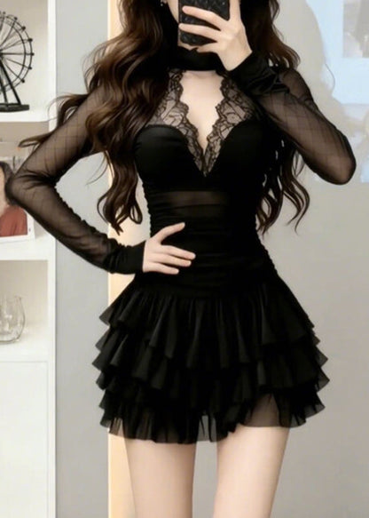 Sexy Black V Neck Lace Patchwork Tulle Mid Dresses Long Sleeve