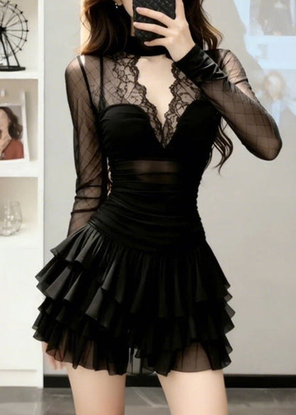 Sexy Black V Neck Lace Patchwork Tulle Mid Dresses Long Sleeve