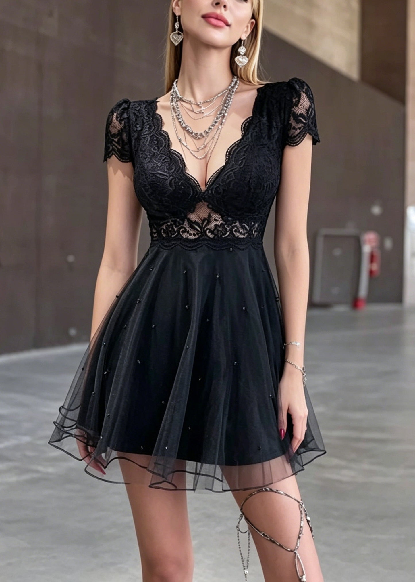 Sexy Black V Neck Lace Patchwork Tulle Mini Dress Summer