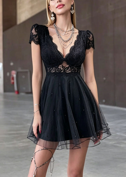 Sexy Black V Neck Lace Patchwork Tulle Mini Dress Summer