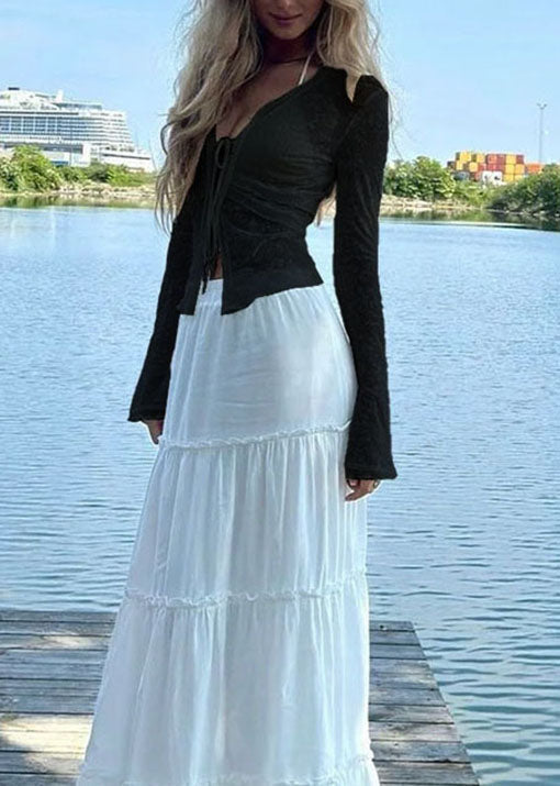Sexy Black V Neck Lace Up Sheer Chiffon Top Flare Sleeve