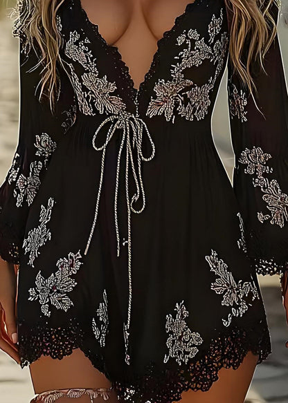 Sexy Black V Neck Print Lace Up Holiday Dress Spring