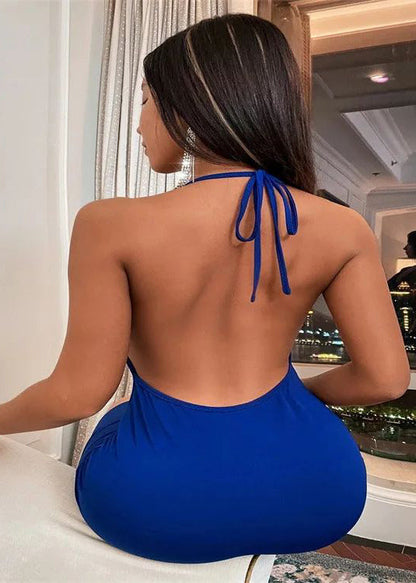 Sexy Blue Backless Wraped Halter Dress Summer