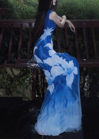 Sexy Blue O-Neck Print Tulle Maxi Dresses Sleeveless
