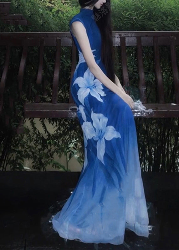 Sexy Blue O-Neck Print Tulle Maxi Dresses Sleeveless