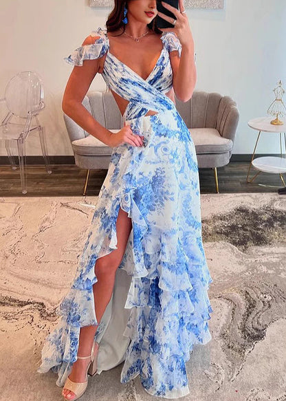 Sexy Blue Print Side Open Chiffon Maxi Dresses Sleeveless