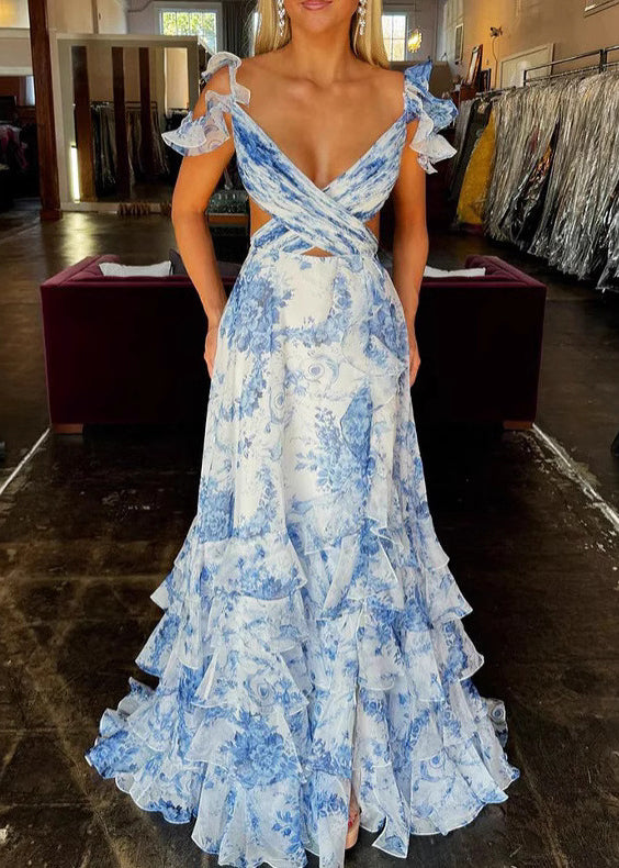 Sexy Blue Print Side Open Chiffon Maxi Dresses Sleeveless