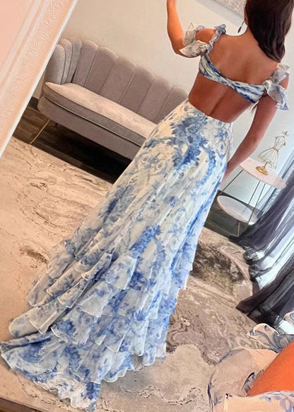Sexy Blue Print Side Open Chiffon Maxi Dresses Sleeveless