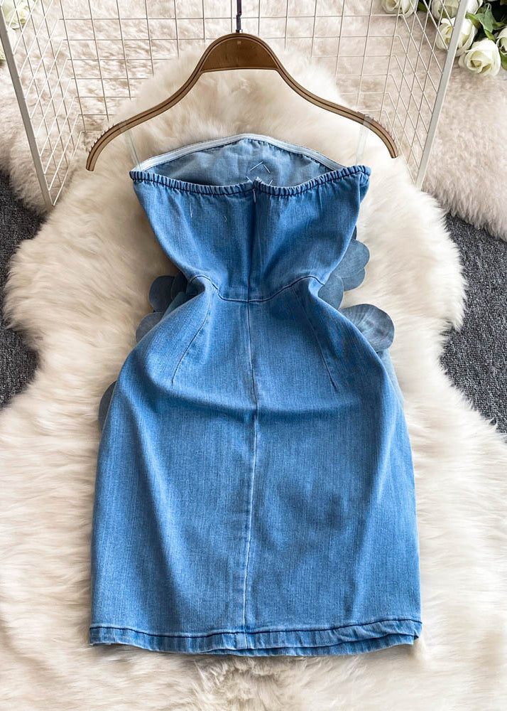 Sexy Blue Slash Neck Floral Denim Mid Dresses Summer