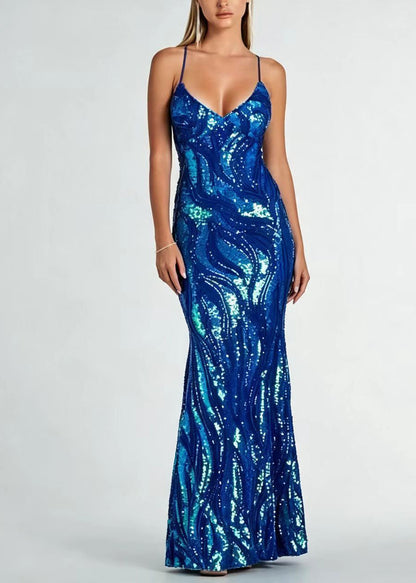 Sexy Blue V Neck Backless Cross Strap Sequins Party Dress Sleeveless