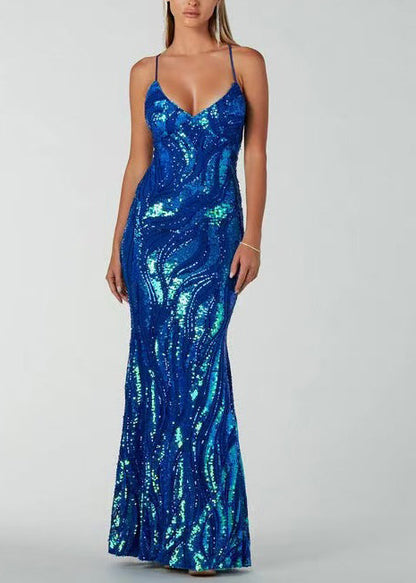 Sexy Blue V Neck Backless Cross Strap Sequins Party Dress Sleeveless