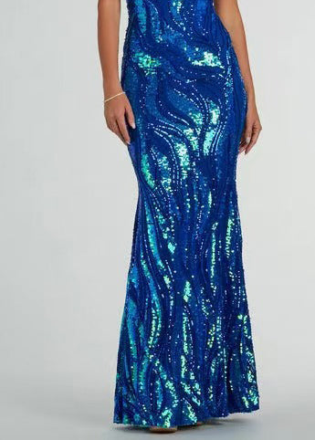 Sexy Blue V Neck Backless Cross Strap Sequins Party Dress Sleeveless