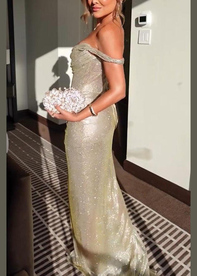 Sexy Champagne Off Shoulder Strapless Side Open Long Dress