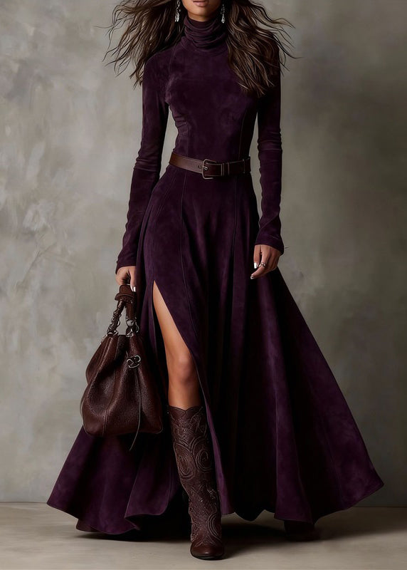 Sexy Coffee Patchwork Sashes Side Open Maxi Dresses Spring