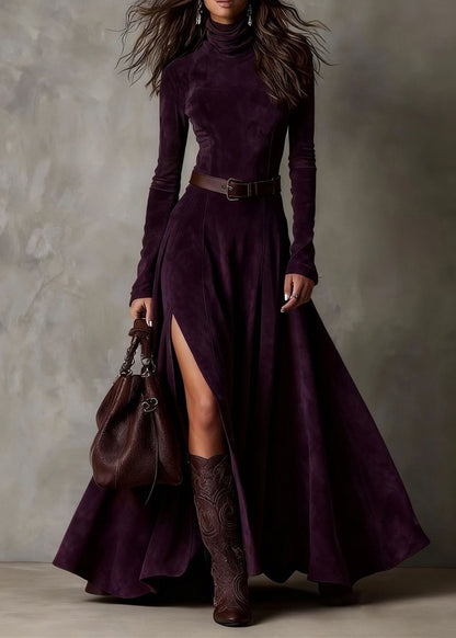 Sexy Coffee Patchwork Sashes Side Open Maxi Dresses Spring