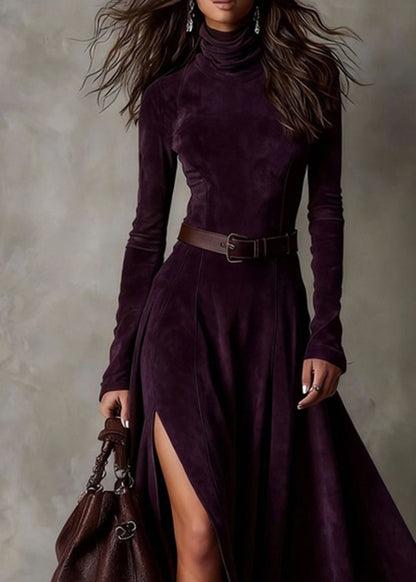 Sexy Coffee Patchwork Sashes Side Open Maxi Dresses Spring