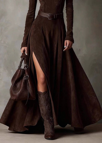 Sexy Coffee Patchwork Sashes Side Open Maxi Dresses Spring