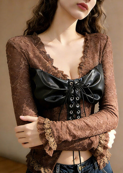 Sexy Coffee Ruffled Lace Up Patchwork Lace T Shirt Tops Spring